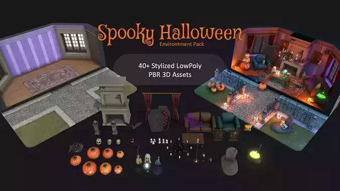 Spooky Halloween Interior Pack- 40 Stylized Low-Poly Game Assets