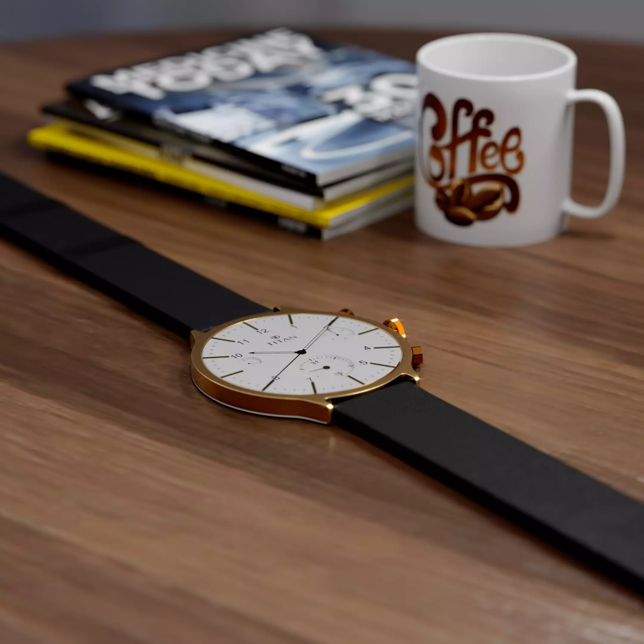 Luxury Titan Wrist Watch  Realistic Gold and Leather 3D Model 3D model_1