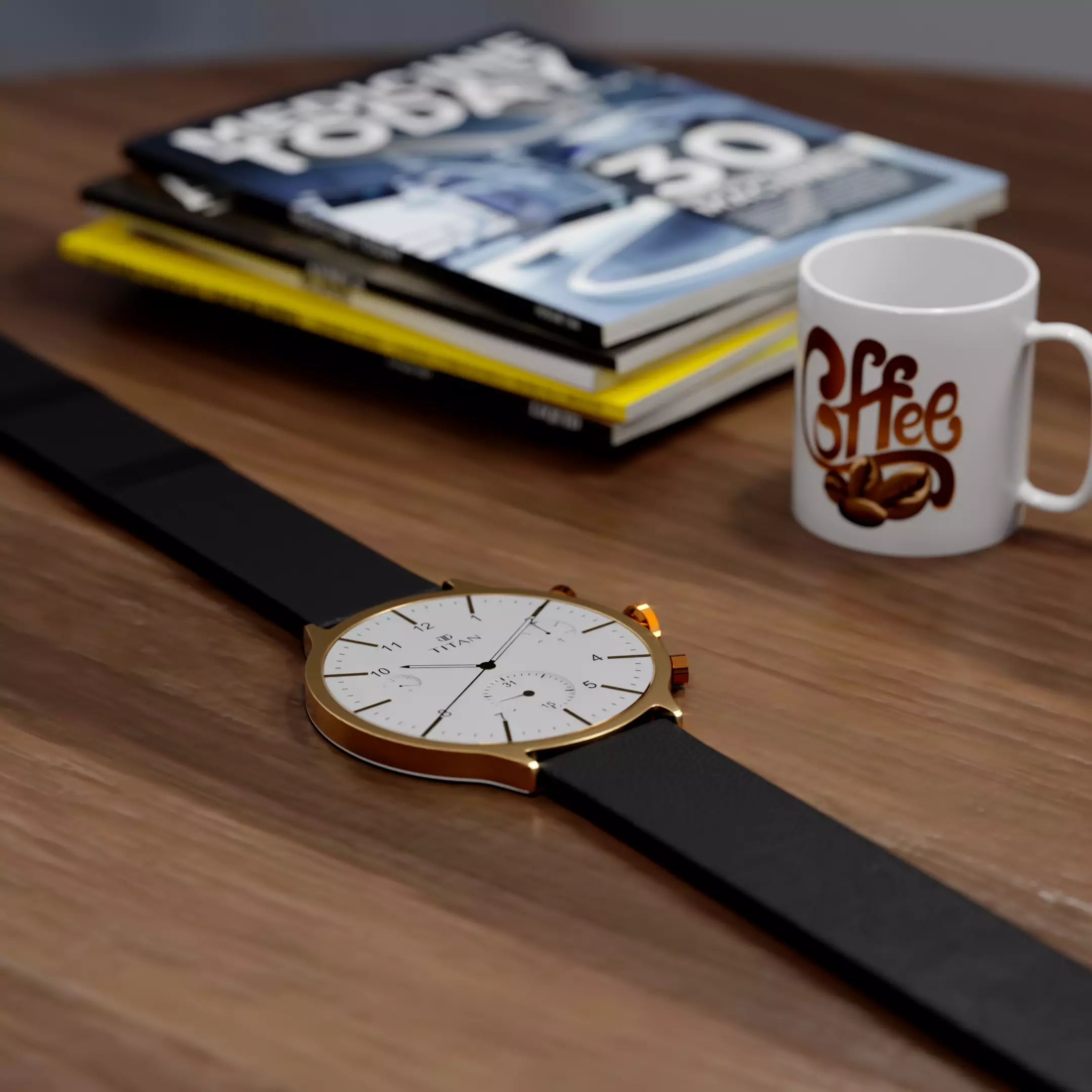 Luxury Titan Wrist Watch  Realistic Gold and Leather 3D Model 3D model_0