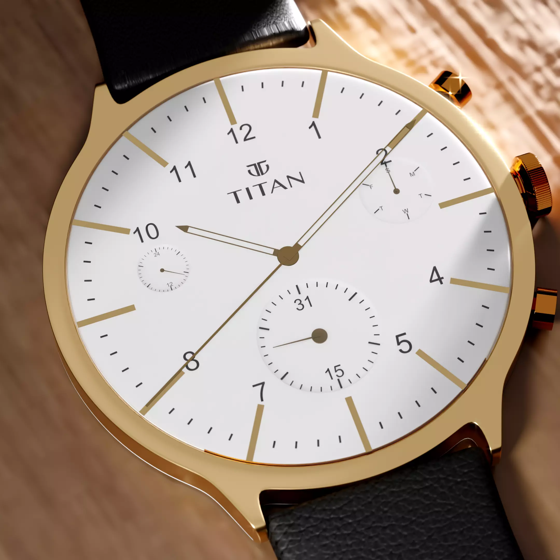 Luxury Titan Wrist Watch  Realistic Gold and Leather 3D Model 3D model_3