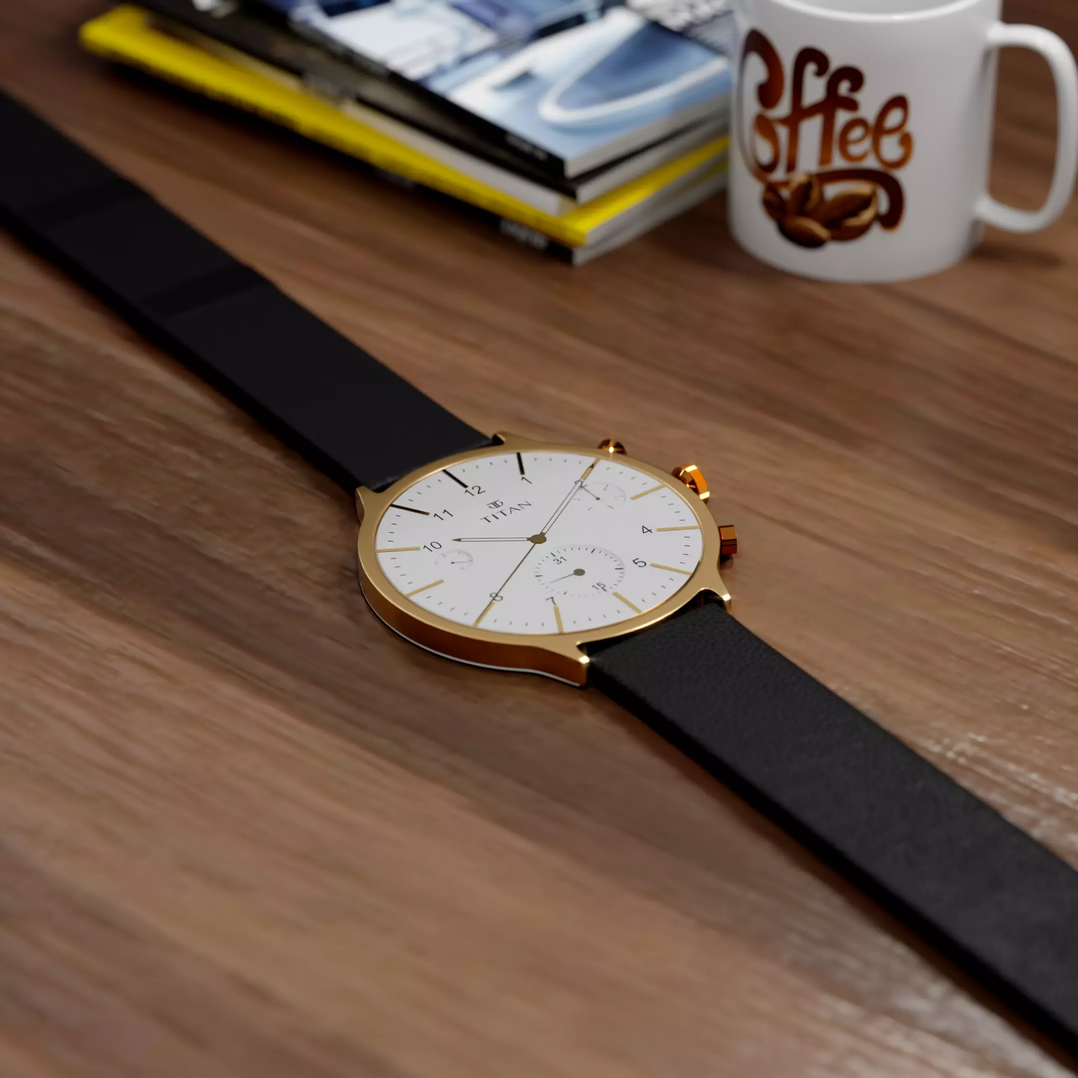 Luxury Titan Wrist Watch  Realistic Gold and Leather 3D Model 3D model_2