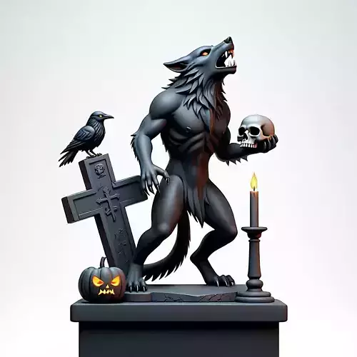 2524Halloween Werewolf with Skull and Grave Scene 3D Model