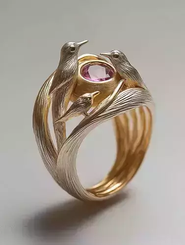Luxury Bird Nest Ring 3D Pink Gem Gold Feather Texture