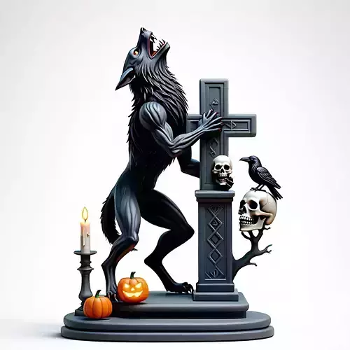 2525Halloween Werewolf with Skull and Grave Scene 3D Model