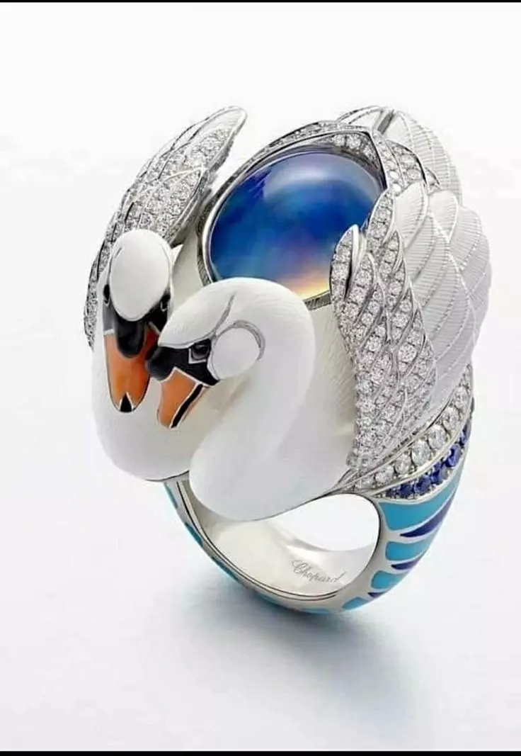 Chopard Swan Ring 3D Enamel Wings Moonstone Center Low-poly 3D model_0