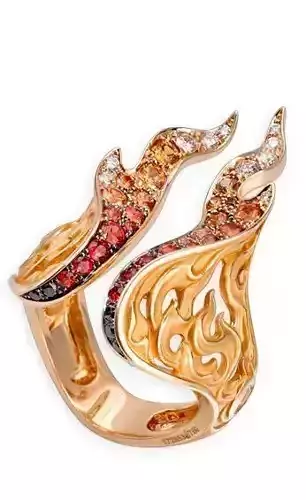 Luxury Flame Ring 3D Red Orange Gems Gold Filigree Design