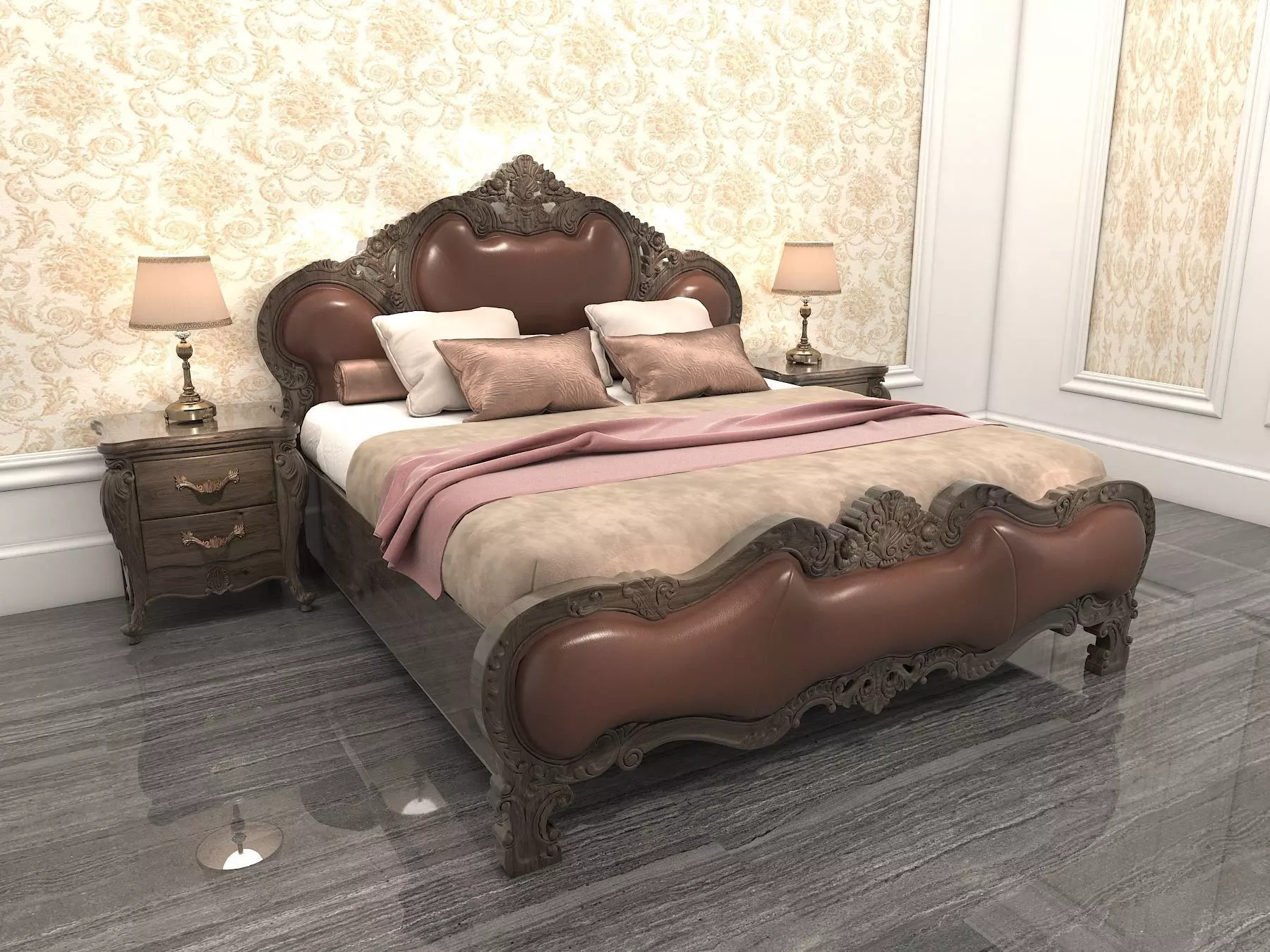 Classic European Style Bed Set 9 3D model_2