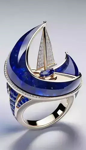 Luxury Sailboat Ring 3D Blue Gem Waves Diamond Sails Low-poly 3D model