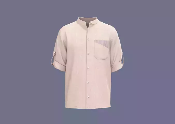 Mens casual band collar shirt with folded sleeve with two fabric