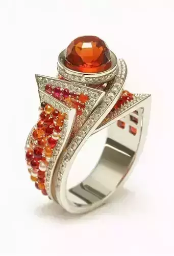 Luxury Fire Gem Ring 3D Orange Red Gems Diamond Pave