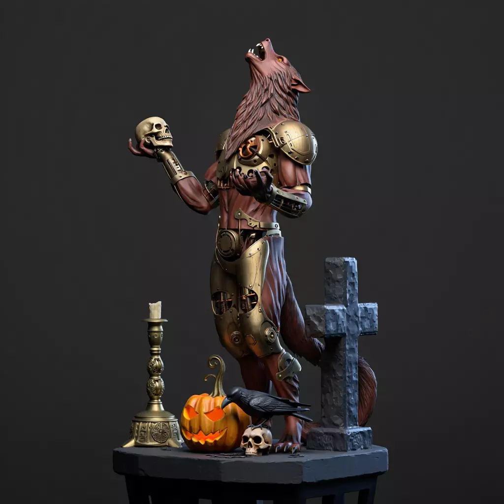 2527Halloween Werewolf with Skull and Grave Scene 3D Model 3D print model_1