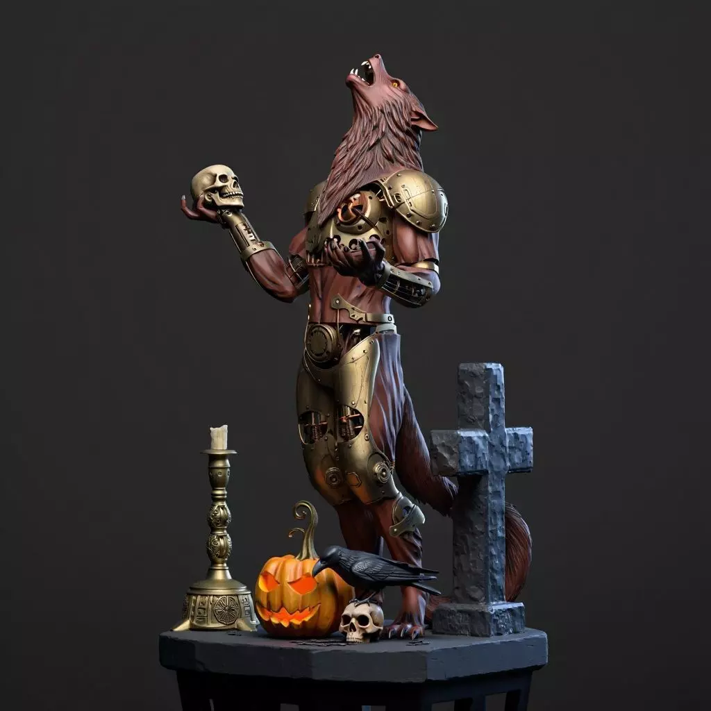 2527Halloween Werewolf with Skull and Grave Scene 3D Model 3D print model_2