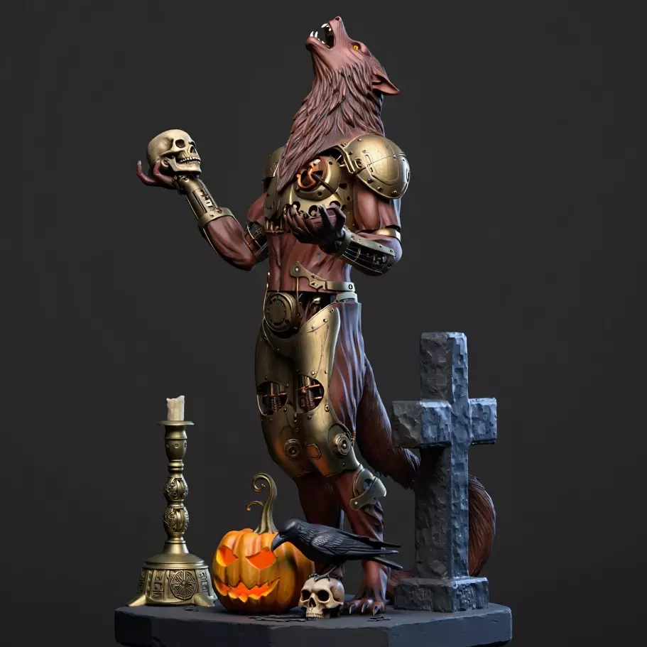 2527Halloween Werewolf with Skull and Grave Scene 3D Model 3D print model_4