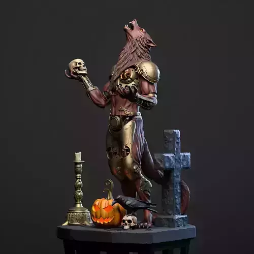 2527Halloween Werewolf with Skull and Grave Scene 3D Model