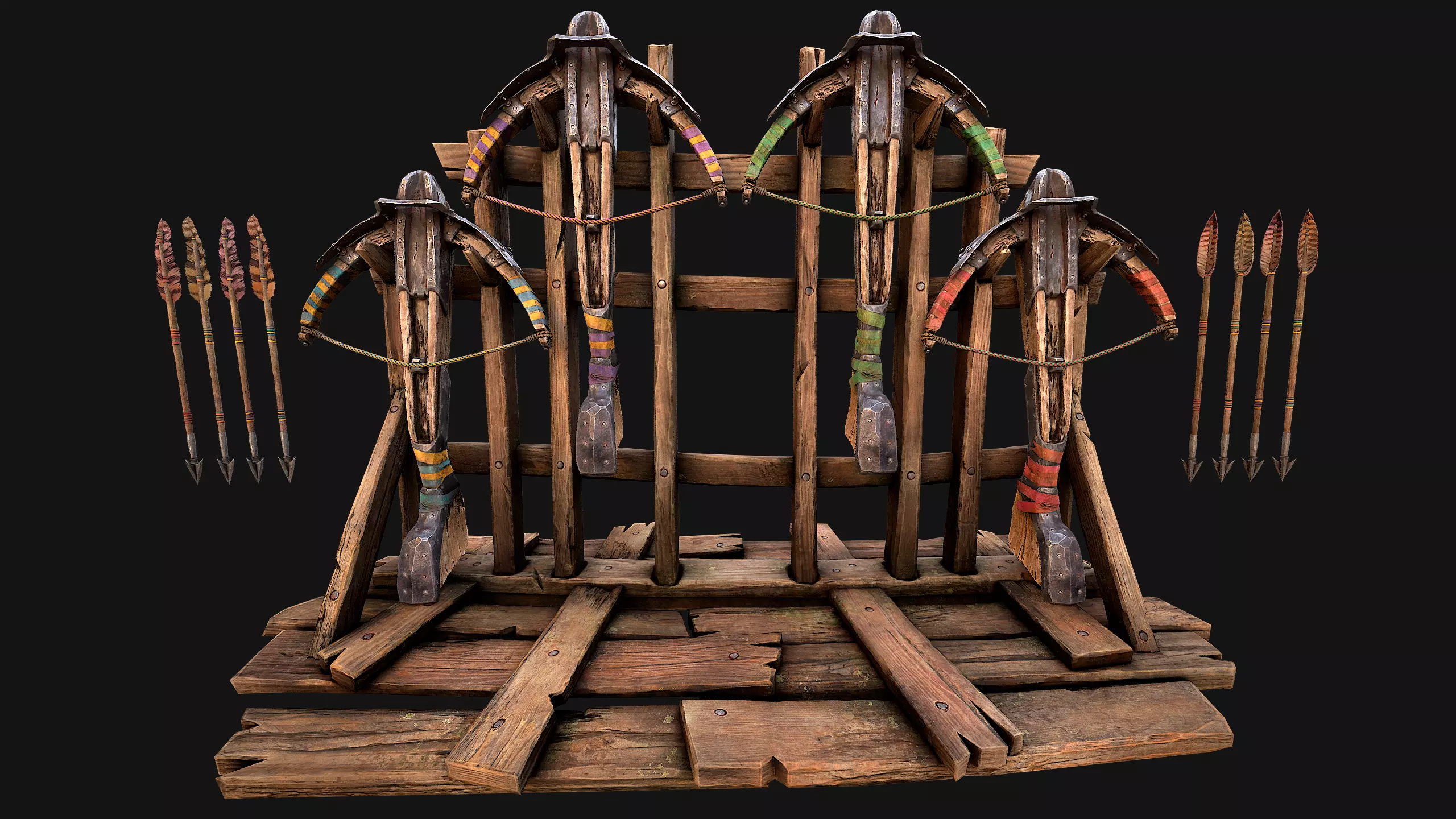 Medieval Crossbow Weapon Rack Stand Armory Pack Low-poly 3D model_0