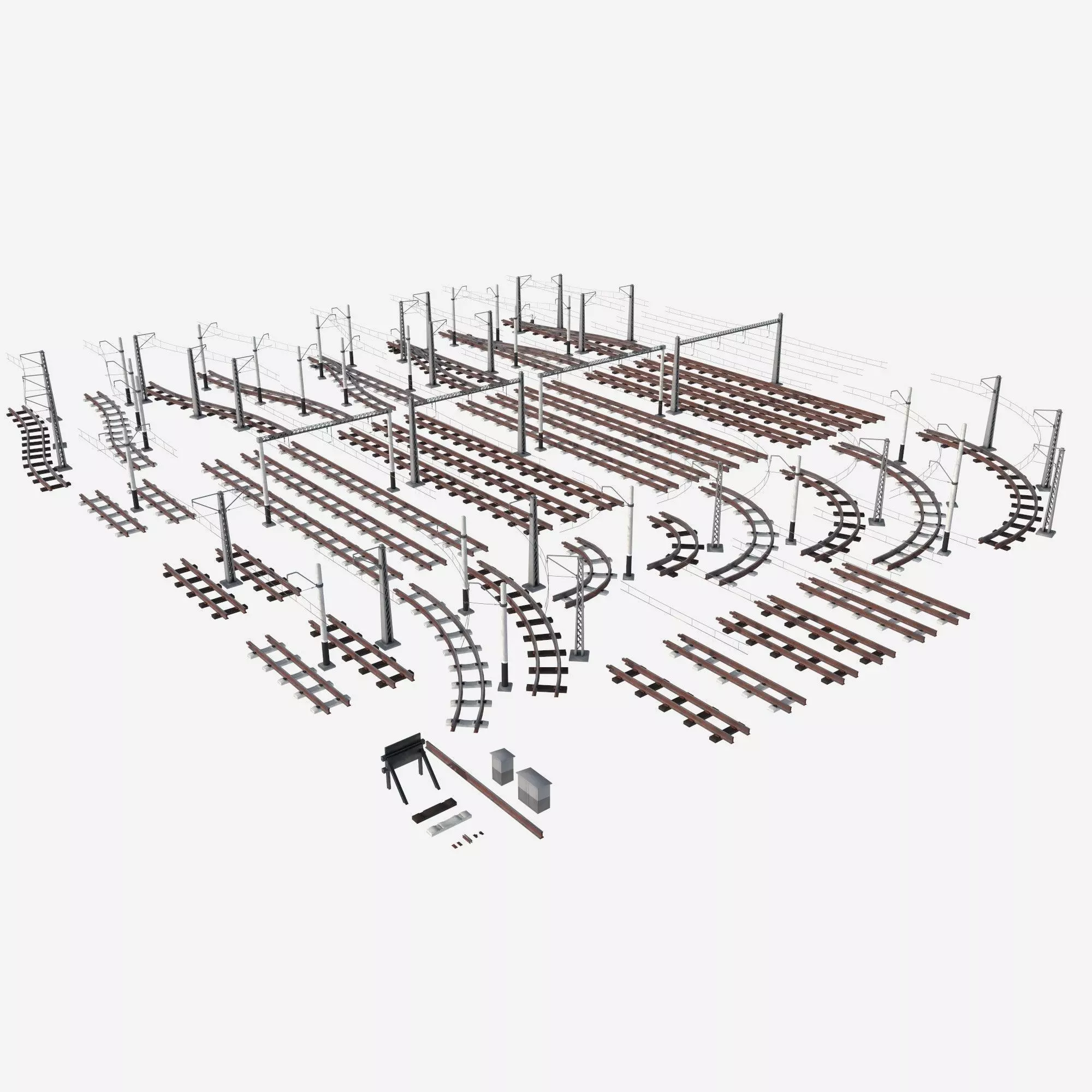 a set of electrified railway tracks and rails Low-poly 3D model_1