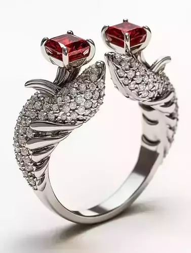 Luxury Dolphin Ring 3D Red Gems Diamond Pave Waves