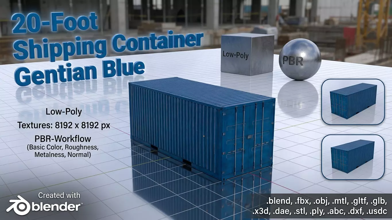 Shipping Container gentian blue 20ft Low-poly 3D model