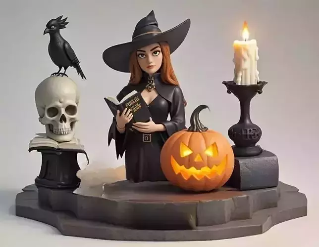 2528Halloween Witch with Spell book  Skull  Raven and Pumpkin