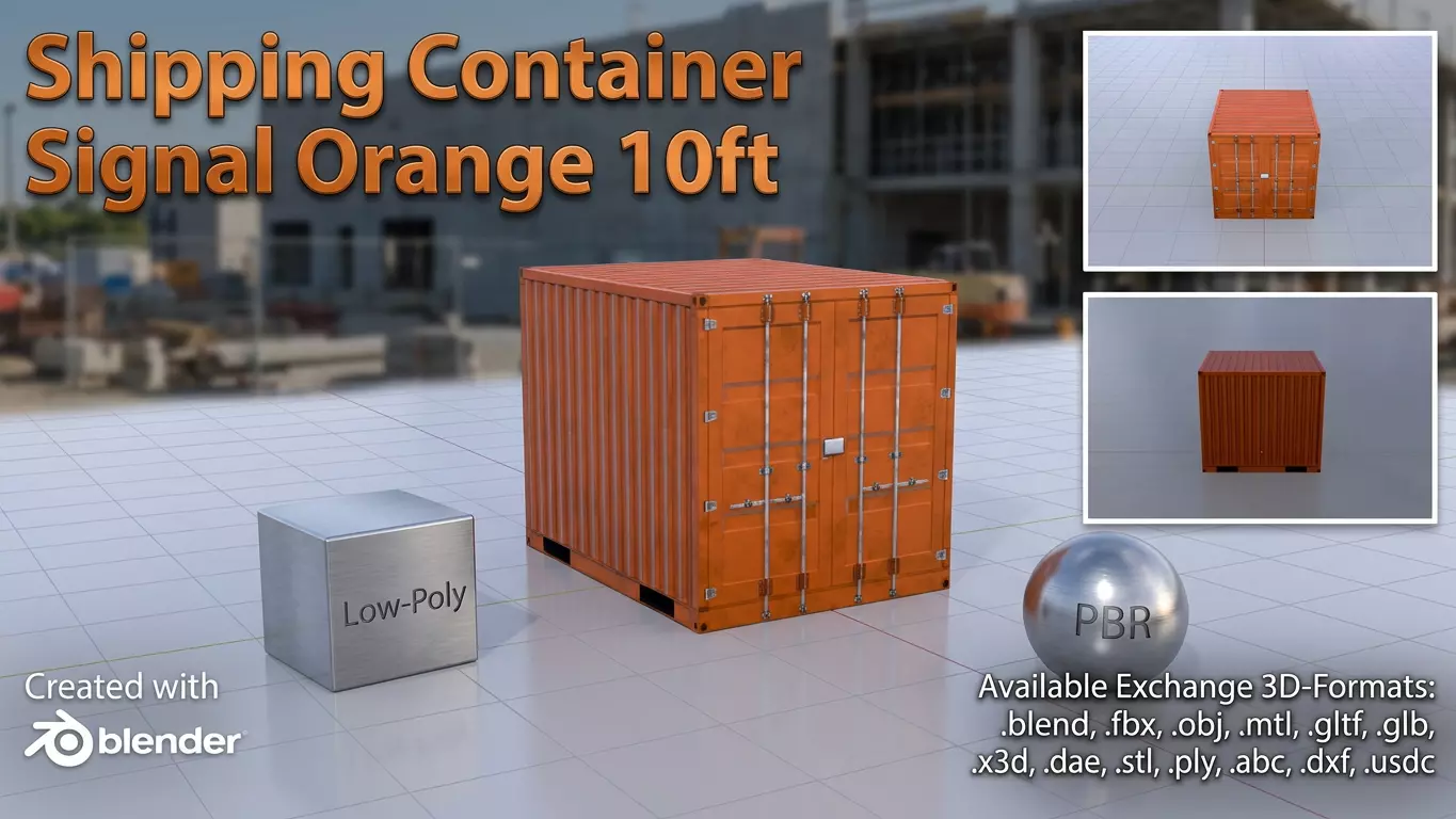 Shipping Container signal orange 10ft Low-poly 3D model