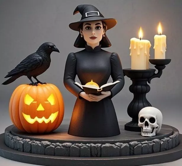 2529Halloween Witch with Spell book Skull Raven and Pumpkin 3D print model_7