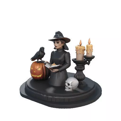 2529Halloween Witch with Spell book Skull Raven and Pumpkin 3D print model_35