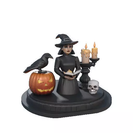 2529Halloween Witch with Spell book Skull Raven and Pumpkin 3D print model_9