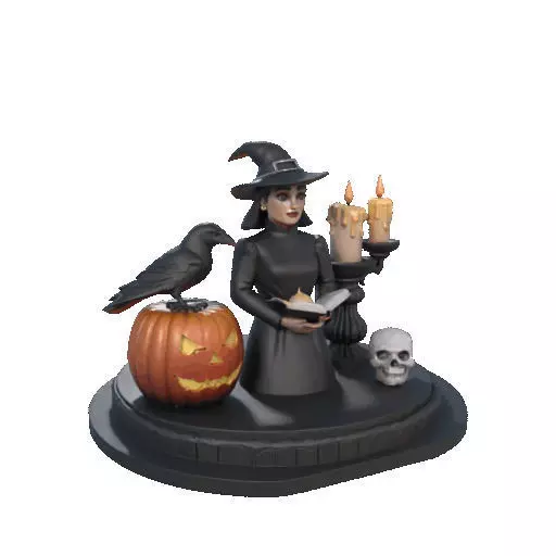2529Halloween Witch with Spell book Skull Raven and Pumpkin 3D print model_10