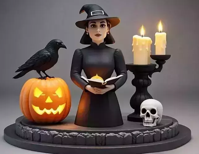 2529Halloween Witch with Spell book  Skull  Raven and Pumpkin