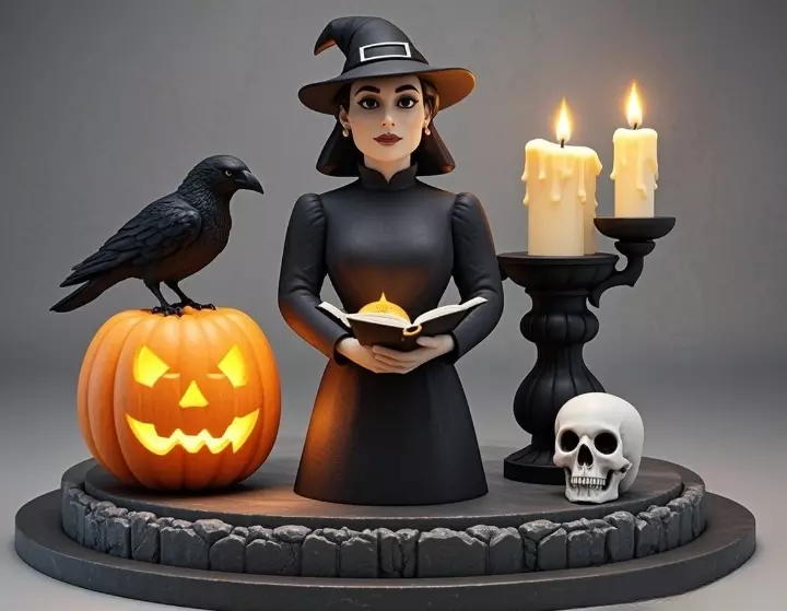 2529Halloween Witch with Spell book Skull Raven and Pumpkin 3D print model_3
