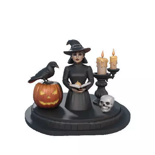 2529Halloween Witch with Spell book Skull Raven and Pumpkin 3D print model_8