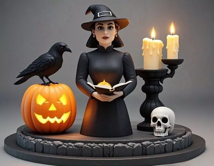 2529Halloween Witch with Spell book Skull Raven and Pumpkin 3D print model_2