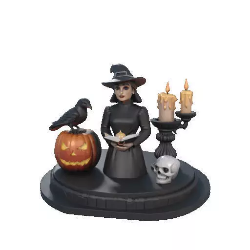 2529Halloween Witch with Spell book Skull Raven and Pumpkin 3D print model_37