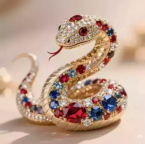 Luxury Snake Ring 3D Jewerly Red Blue Gems Diamond Scales