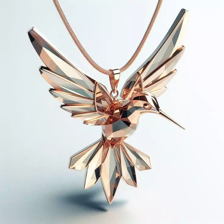 Luxury Hummingbird Pendant 3D Jewerly Geometric Facets Rose Gold Low-poly 3D model_0