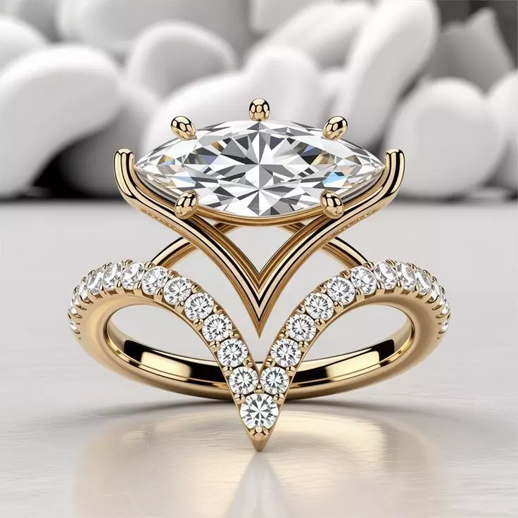 Luxury Marquise Diamond Ring 3D Jewerly Gold V-Shaped Band Pave Low-poly 3D model_0