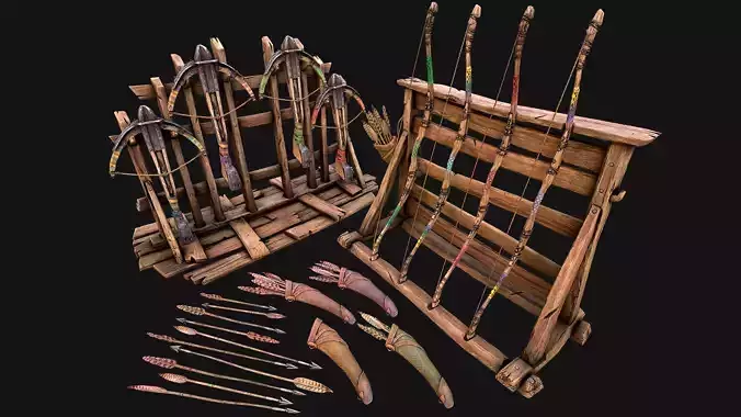 Medieval Armory Bow Crossbow Weapon Rack   Low-poly 3D model