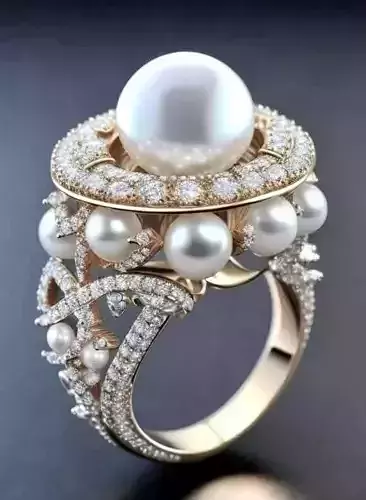 Luxury Pearl Ring 3D Jewerly Diamond Halo Gold Filigree Design Low-poly 3D model