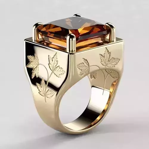 Luxury Amber Gem Ring 3D Jewerly Gold Leaf Engraving Square