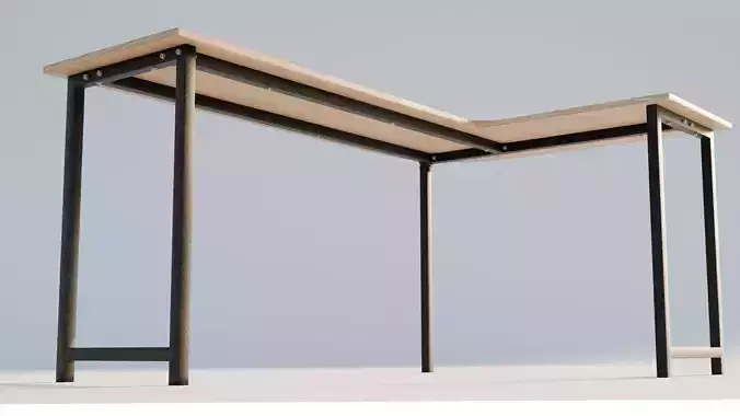 3D model of an L-shaped wooden table with metal legs