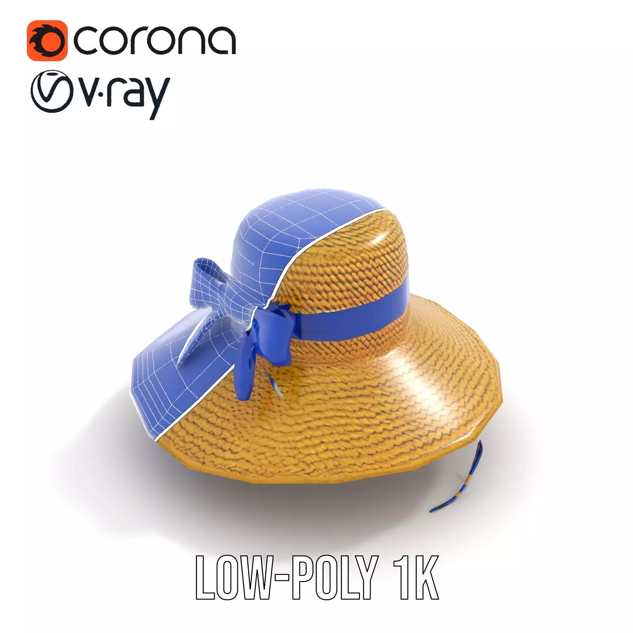 Straw Sun Hat with Blue Ribbon model pack Low-poly 3D model_26
