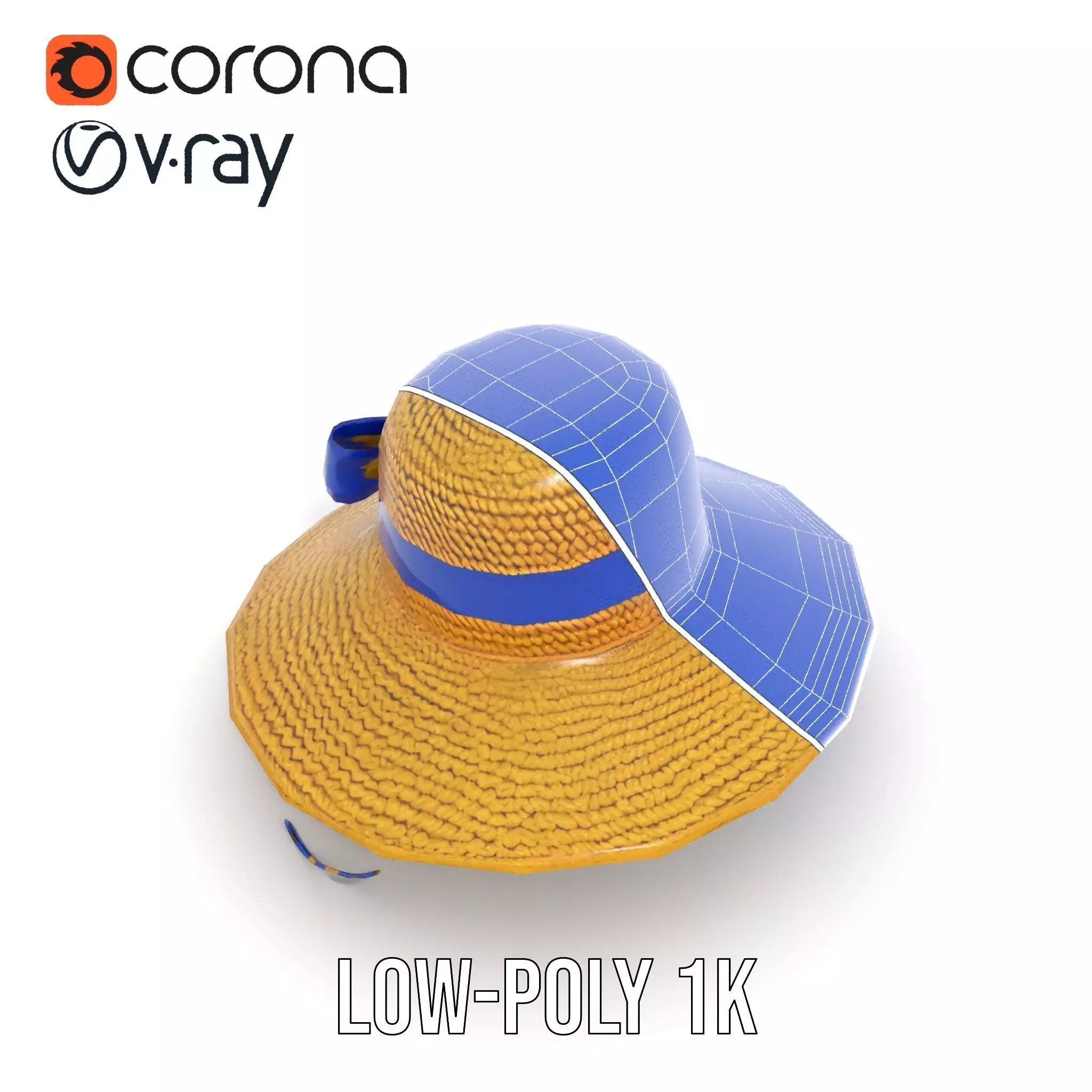 Straw Sun Hat with Blue Ribbon model pack Low-poly 3D model_15