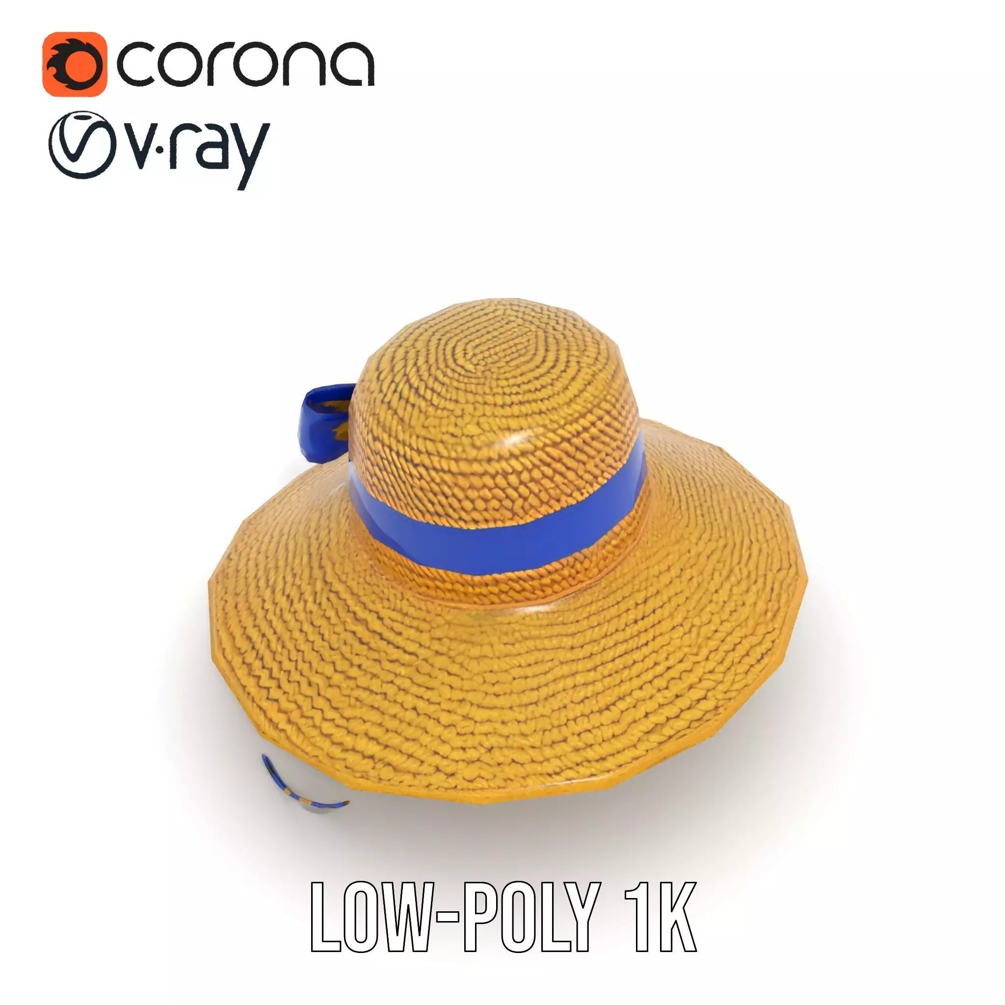 Straw Sun Hat with Blue Ribbon model pack Low-poly 3D model_13