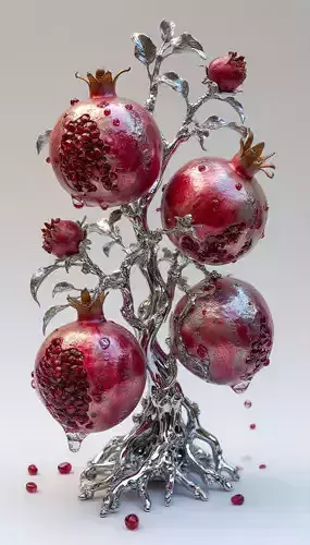 Luxury Pomegranate Tree 3D Sculpture Jewerly Branches Ruby Seeds Low-poly 3D model