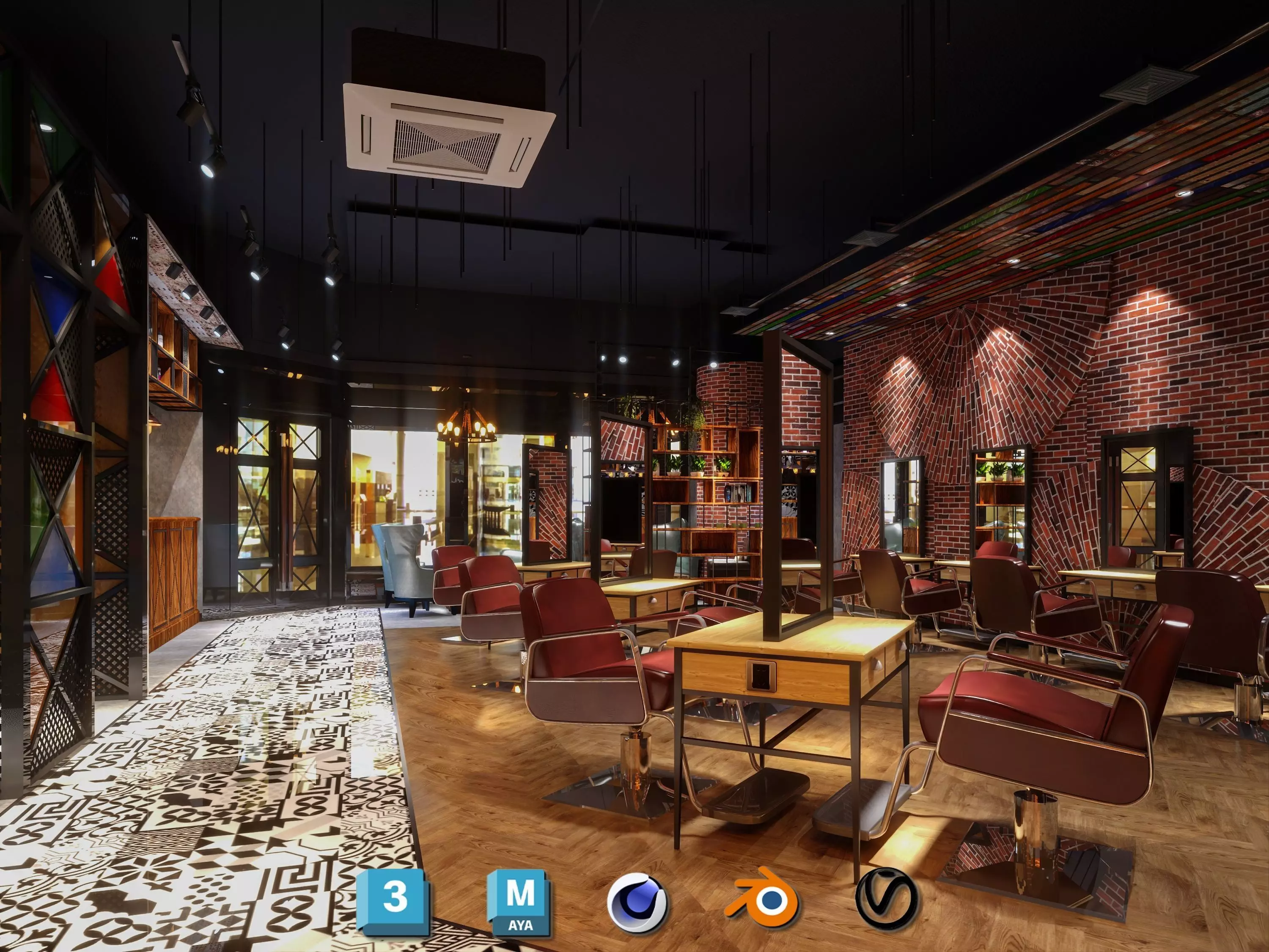 Industrial barbershop hair salon barber shop - 3ds max Blender 3D model_1