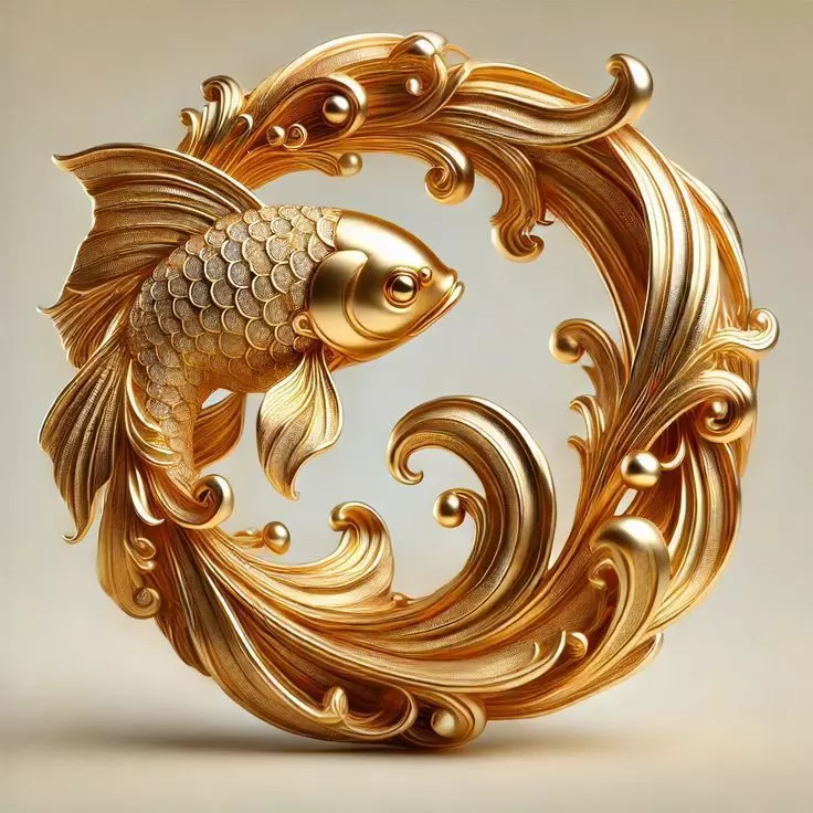 Luxury Gold Fish Sculpture 3D Swirling Waves Baroque Design Low-poly 3D model_0
