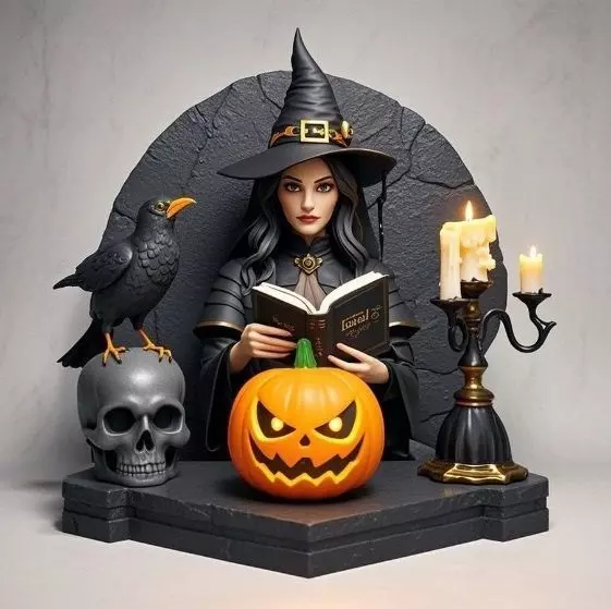 2530Halloween Witch with Spell book Skull Raven and Pumpkin 3D print model_5