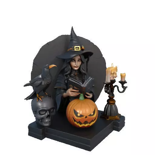 2530Halloween Witch with Spell book Skull Raven and Pumpkin 3D print model_9