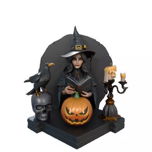 2530Halloween Witch with Spell book Skull Raven and Pumpkin 3D print model_8
