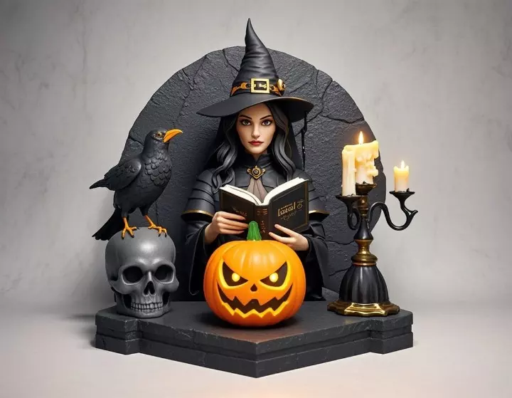 2530Halloween Witch with Spell book Skull Raven and Pumpkin 3D print model_1